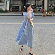 夏季新款仙女温柔风法式初恋甜美小个子蓝色泡泡袖连衣裙72477