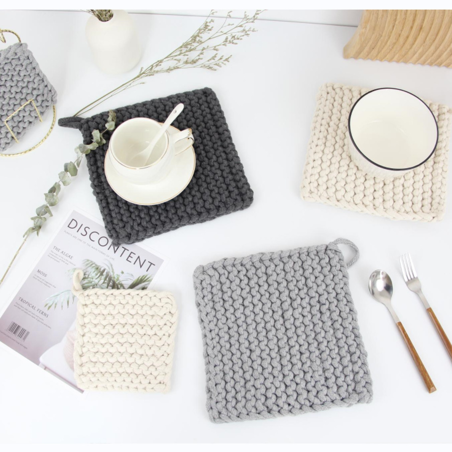 Hand-Woven Coaster Plain Cotton String Thick Square Heat Proof Mat Teacup Mat Simple Thick Absorbent Placemat