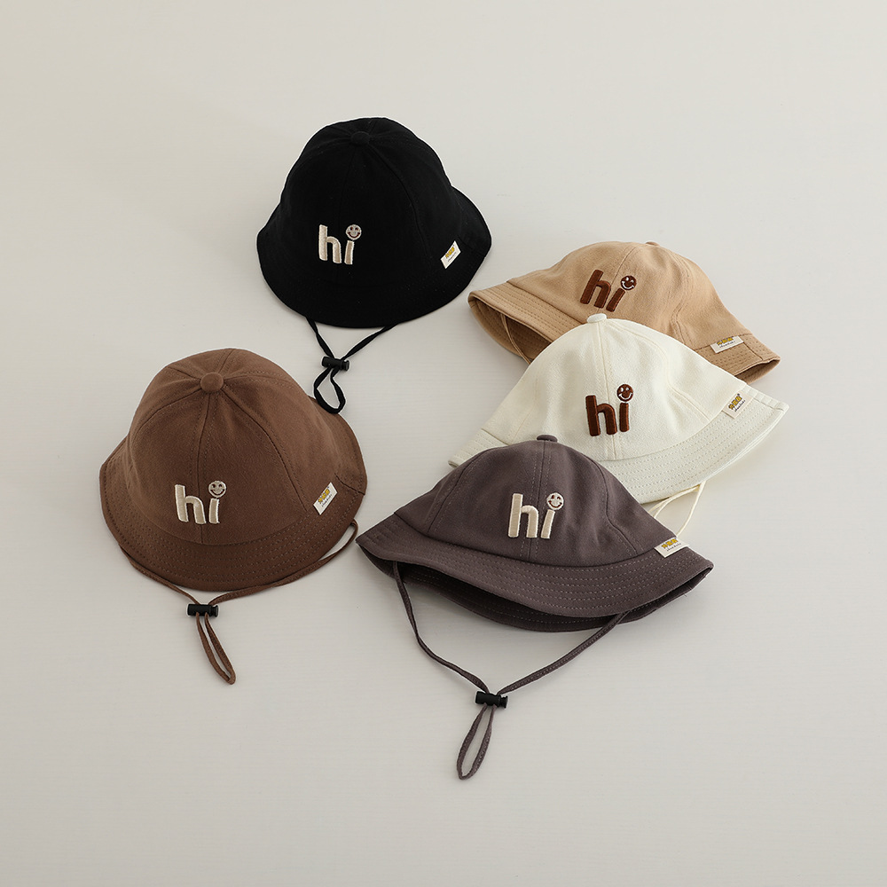 children‘s embroidered letter fisherman hat korean style spring and autumn new outdoor sun hat wide brim windproof rope basin hat