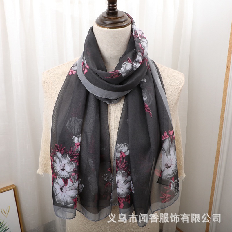 New Printed Silk Scarf Women's Chiffon Scarf Spring and Summer Sun Protection Shawl Autumn and Winter Warm Scarf Middle-Aged Mom Silk Scarf