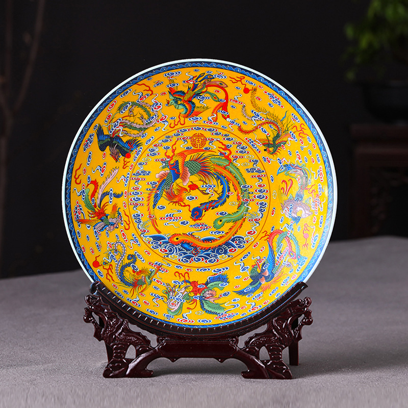 景德镇九凤图瓷盘新中式陶瓷艺术装饰盘挂盘摆盘客厅玄关书柜摆件