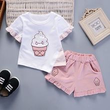 男女童童套装2024韩版夏季新款冰淇淋樱桃拼接中小童棉短袖套童装