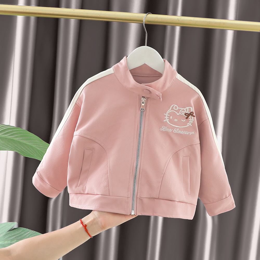 外贸批发女宝宝秋服开衫外套2024新款小女孩粉色机车皮衣直播供货