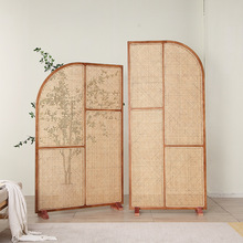 新中式折叠屏风摆件日式实木藤编入户遮挡现代简约家用组合