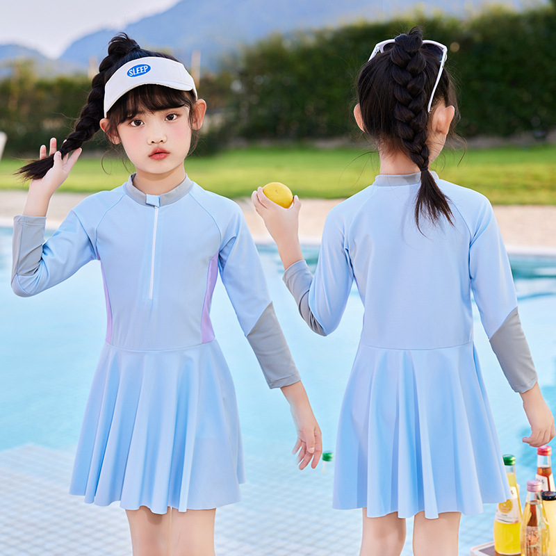 Children's Long-Sleeve Swimsuit Suit Wholesale Student Training Swimsuit One-Piece Type Skirt Hem Girl's Swimsuit Sunshade