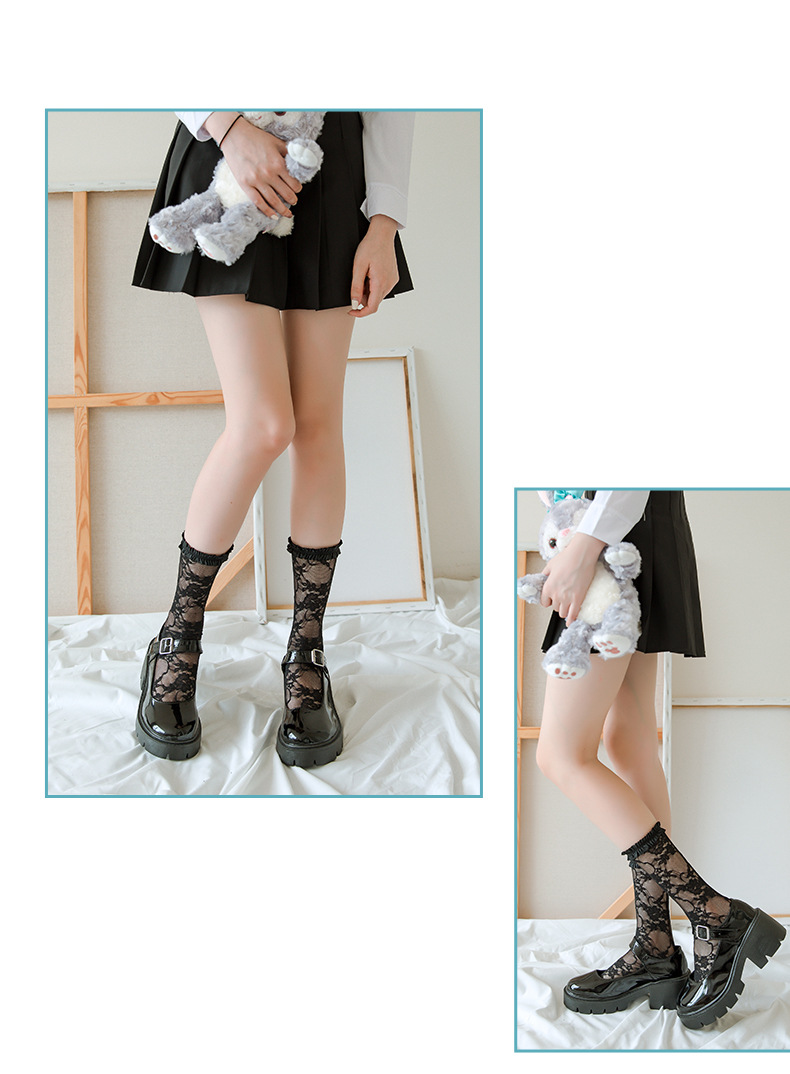 蕾丝花边袜子女中筒袜jk日系薄款夏季透明黑丝袜学院风洛丽塔长袜