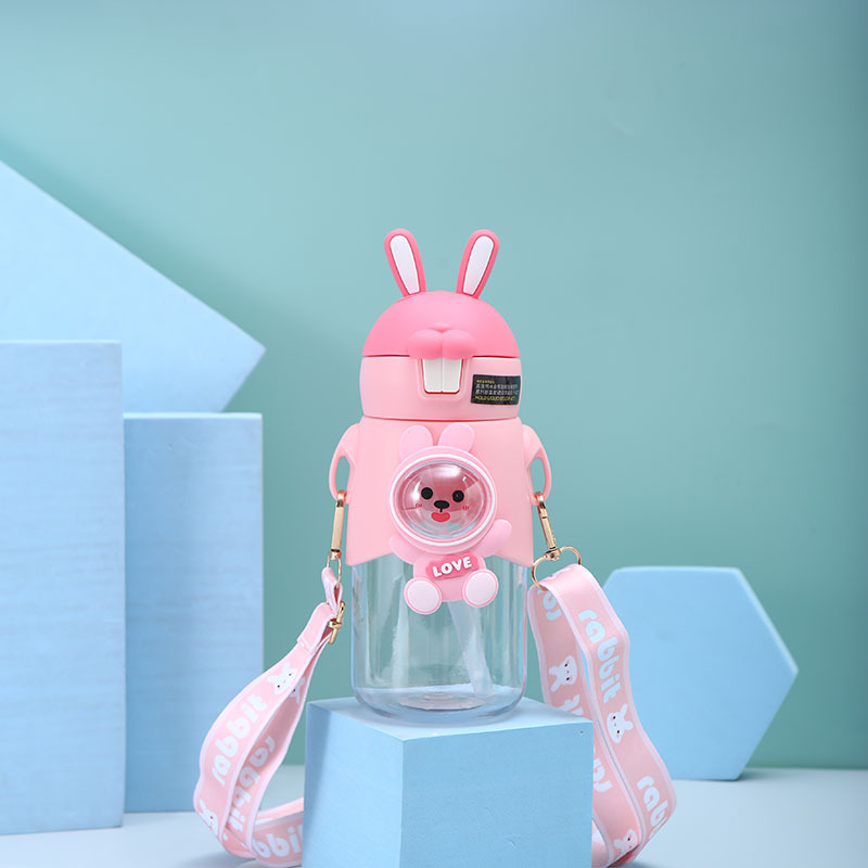 Customized Cute with Straw Plastic Cup Creative Small Animal Crossbody Rabbit Water Cup Outdoor Portable Bullet Cup