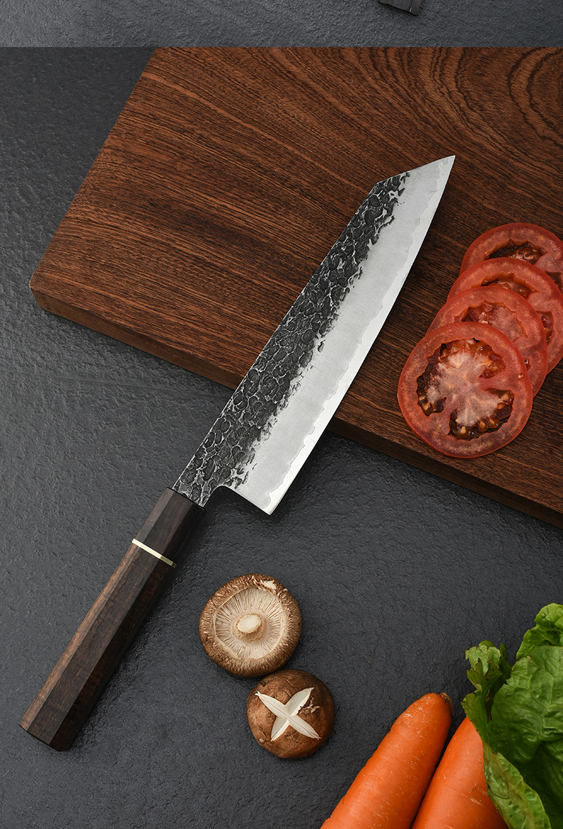 黑檀八角柄厨师刀复合钢手工锻打复古锤纹切片切肉料理三德小菜刀