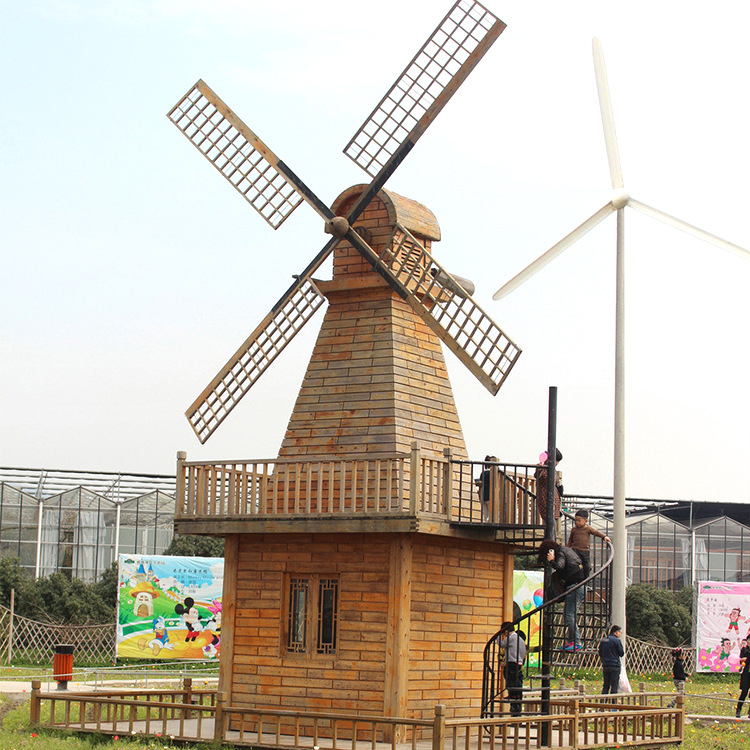 小型户外防腐木质景观风车房 景区学校欧式风格荷兰风车厂家定制