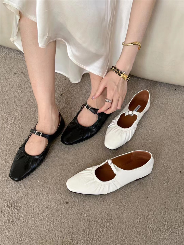韩国chic单鞋女2024春季新款复古个性褶皱方头浅口软底奶奶鞋