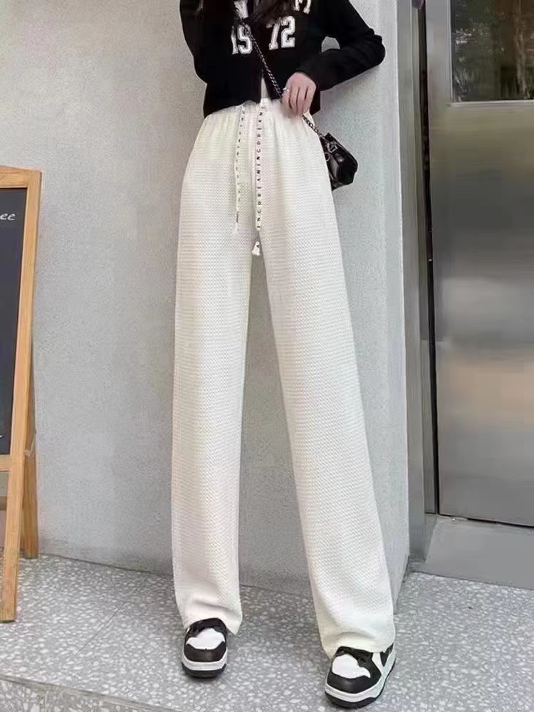 Mid-Waist Solid Color Waffle Air Puff Pants Casual Pants Women's Spring New Korean Style Loose Drawstring Wide Leg Pants Fashion