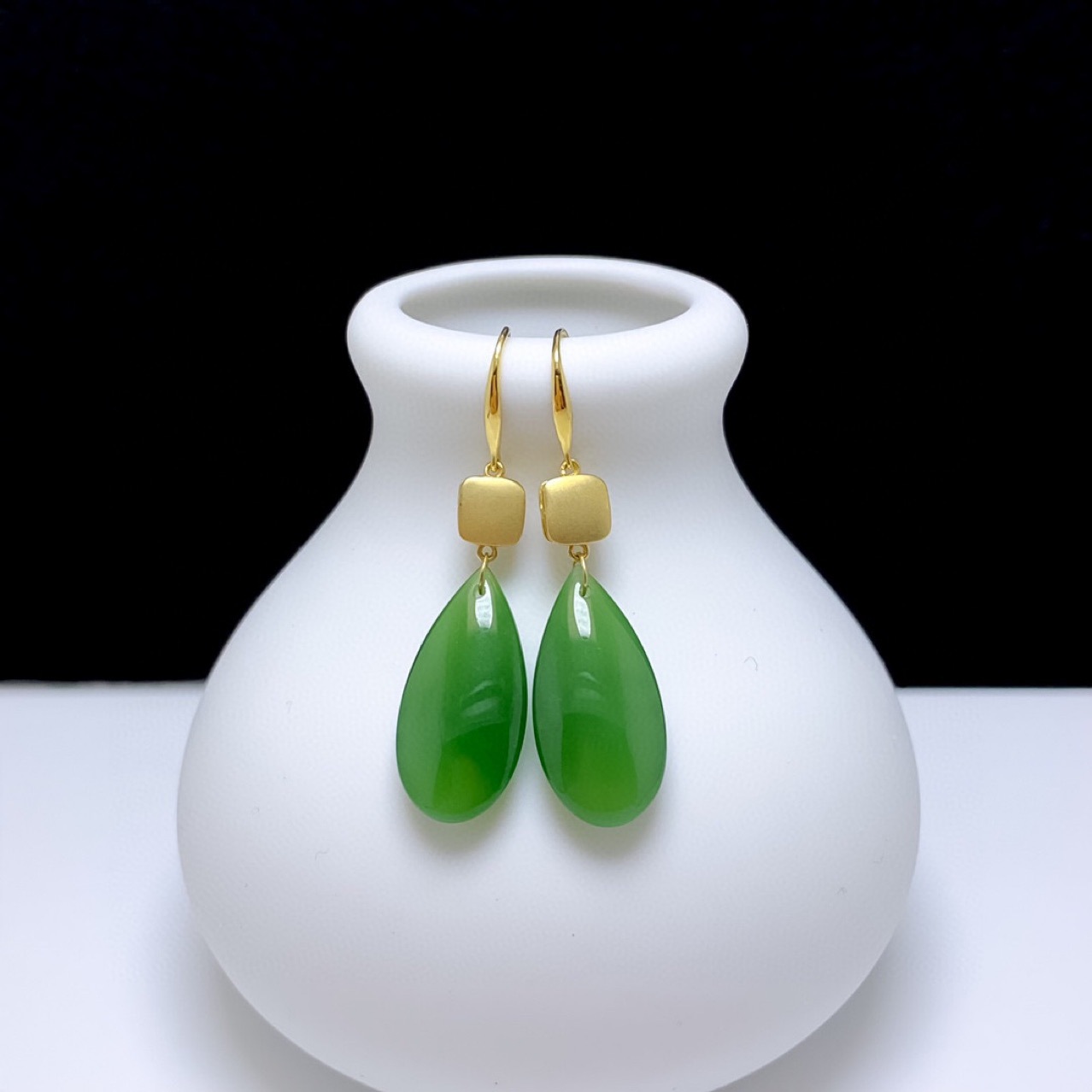 18k黄金镶玉女士和田玉和田碧玉耳环耳坠耳饰天热新款包邮