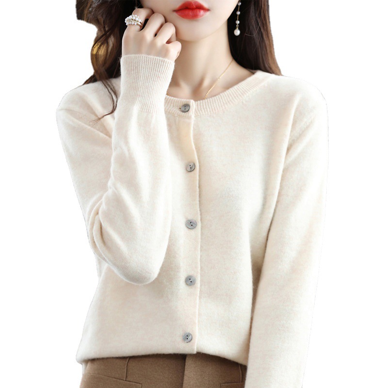 round Neck Women's Knitted Cardigan Sweater 2023 Spring New Women's Long-Sleeved Coat Top Simple Knitting Bottoming Shirt