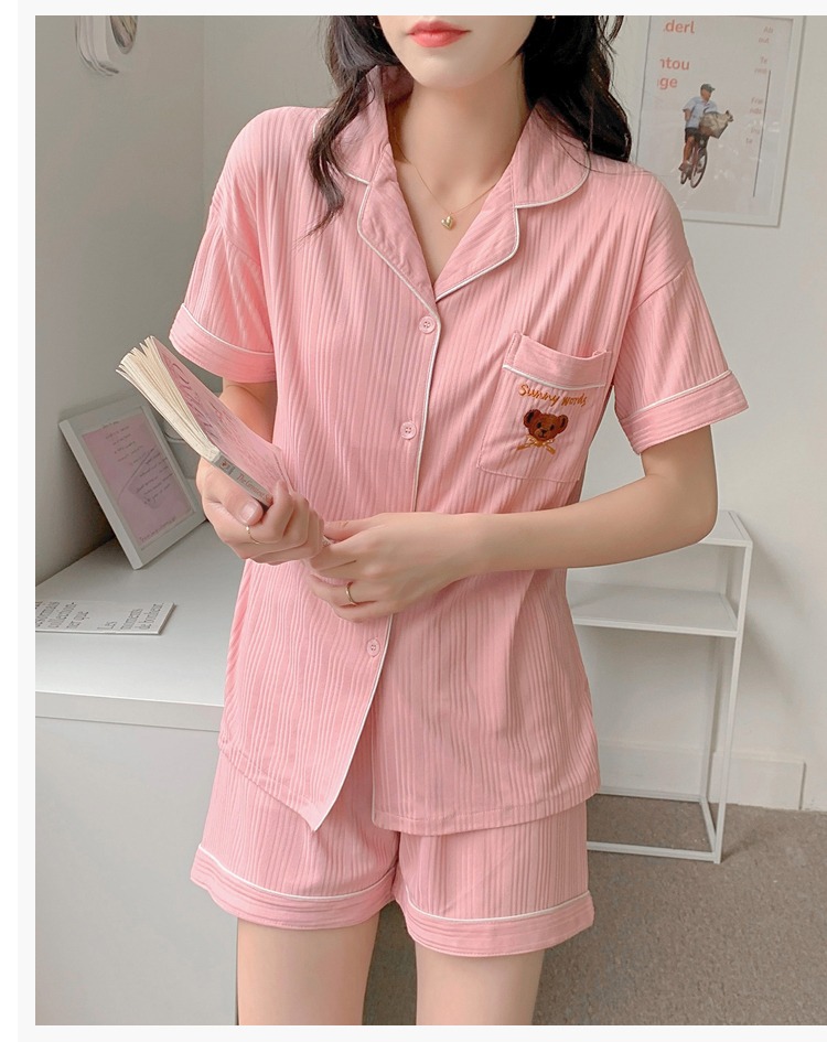 睡衣女夏季短袖短裤针织棉开衫翻领学生可爱夏天可外穿家居服套装