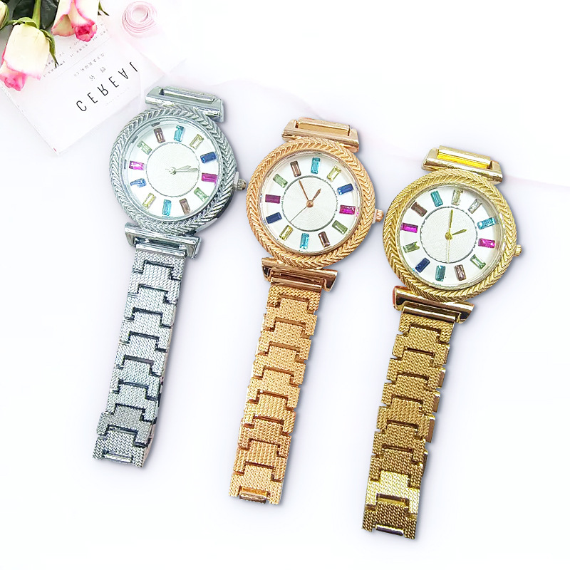 外贸爆款七色彩钻刻度女士手表时尚休闲气质镶钻手表石英女士手表