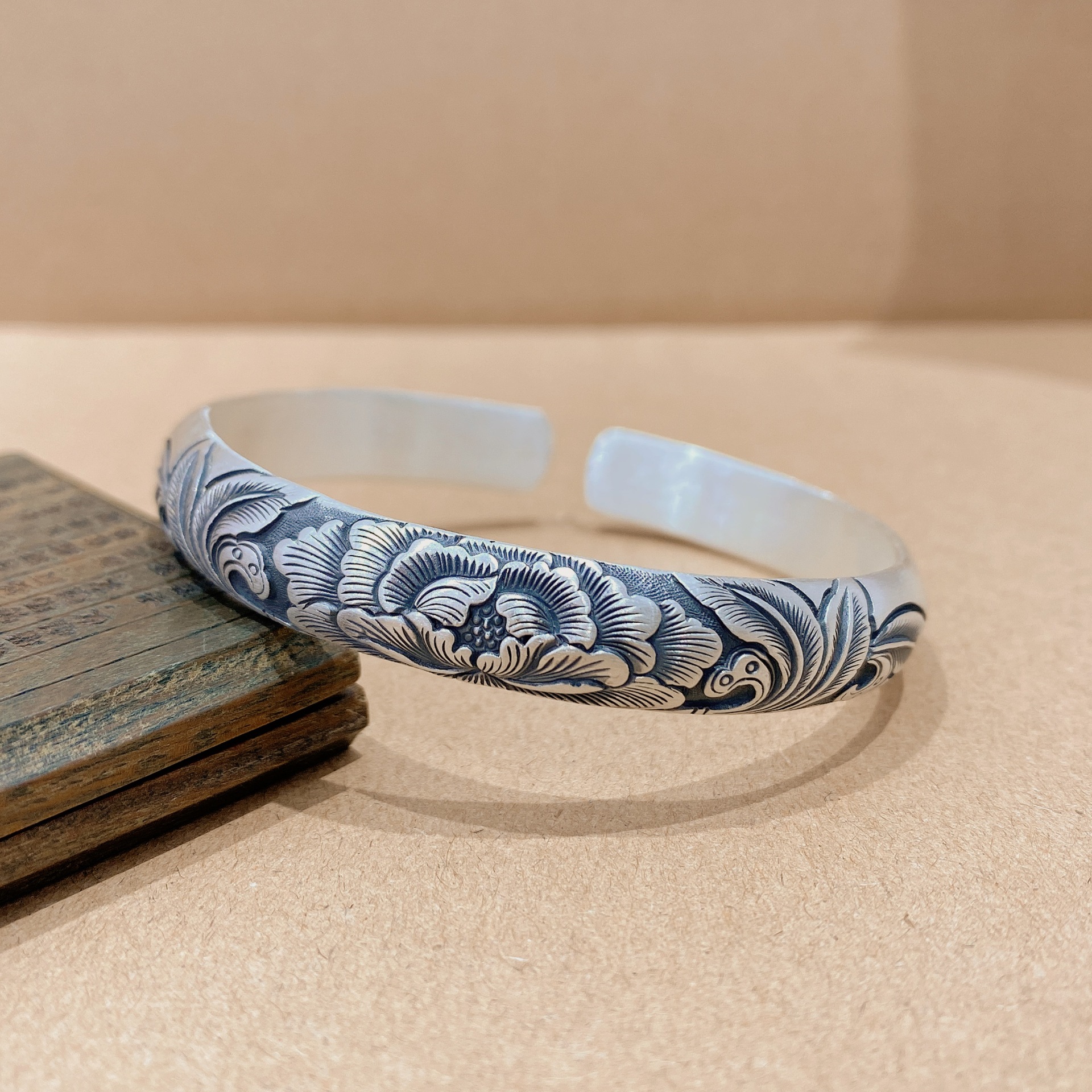 福氏足银999饰品镯子云南民族风篆刻牡丹花开口式纯银手镯情侣款