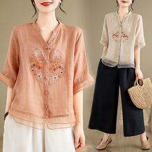 新中式国风苎麻刺绣衬衫女士夏季新款妈妈小衫气质七分袖唐装上衣