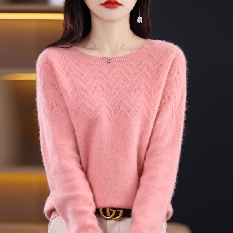Front Line Ready-Made Garments Woolen Sweater Women's Solid Color Autumn and Winter Slimming Loose Fishbone Pattern Knitted Sweater Long Sleeve Bottoming Shirt