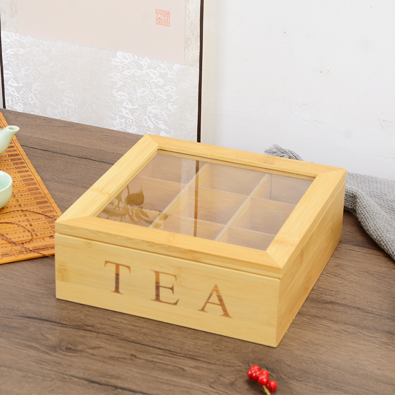 Bamboo Tea Box Nine Grid Tea Box Korean Creative Table Setting Wooden Coffee Tea Bag Food Dustproof Storage Box