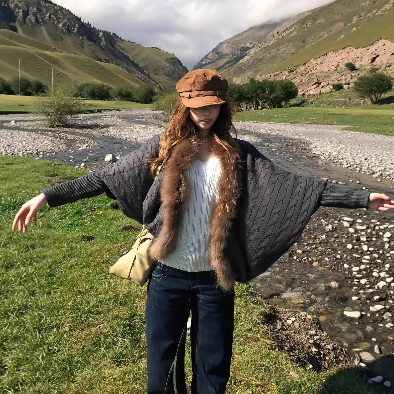 慵懒风高级感美式复古蝙蝠袖宽松毛领外套女秋冬气质古早针织外套