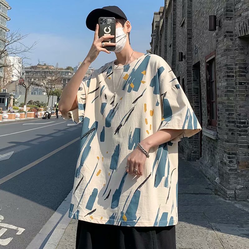 中性风涂鸦短袖t恤男夏季ins潮牌休闲上衣服潮流宽松港风半袖体恤