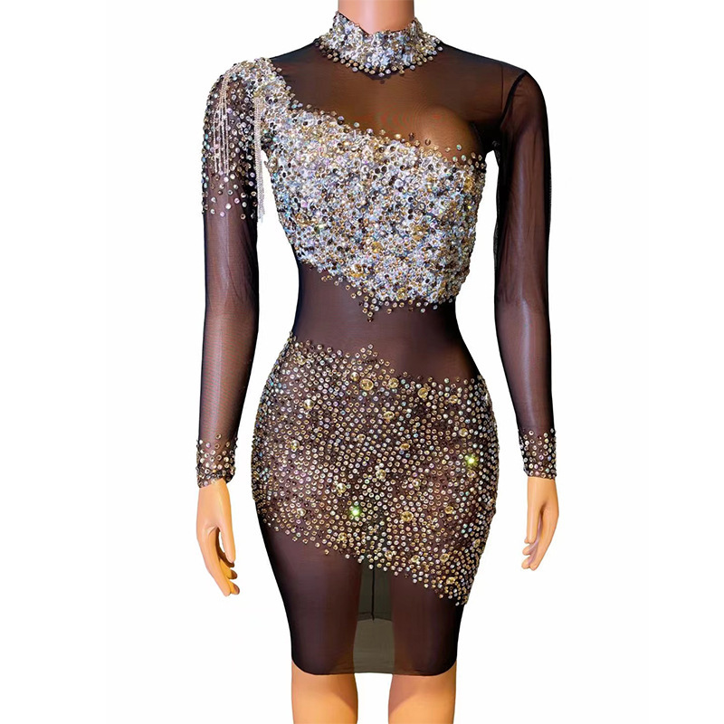 跨境热卖欧美风薄纱半高领水钻包臀裙夜店女歌手演出服派对晚礼服