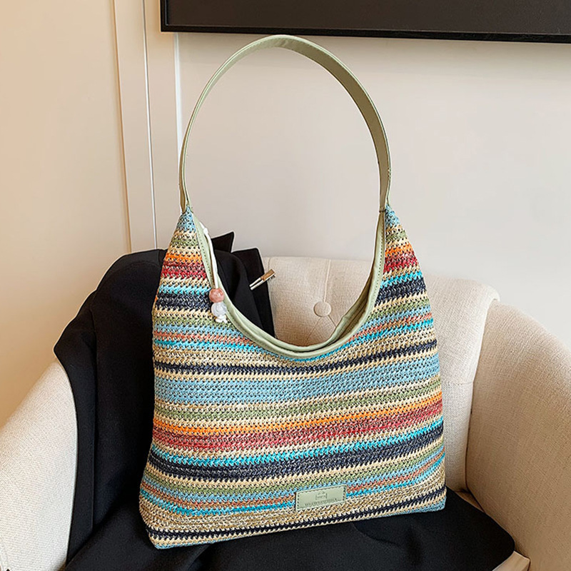 糖果色彩新款腋下女式单肩包2024托特包包百搭海边大容量编织包虹