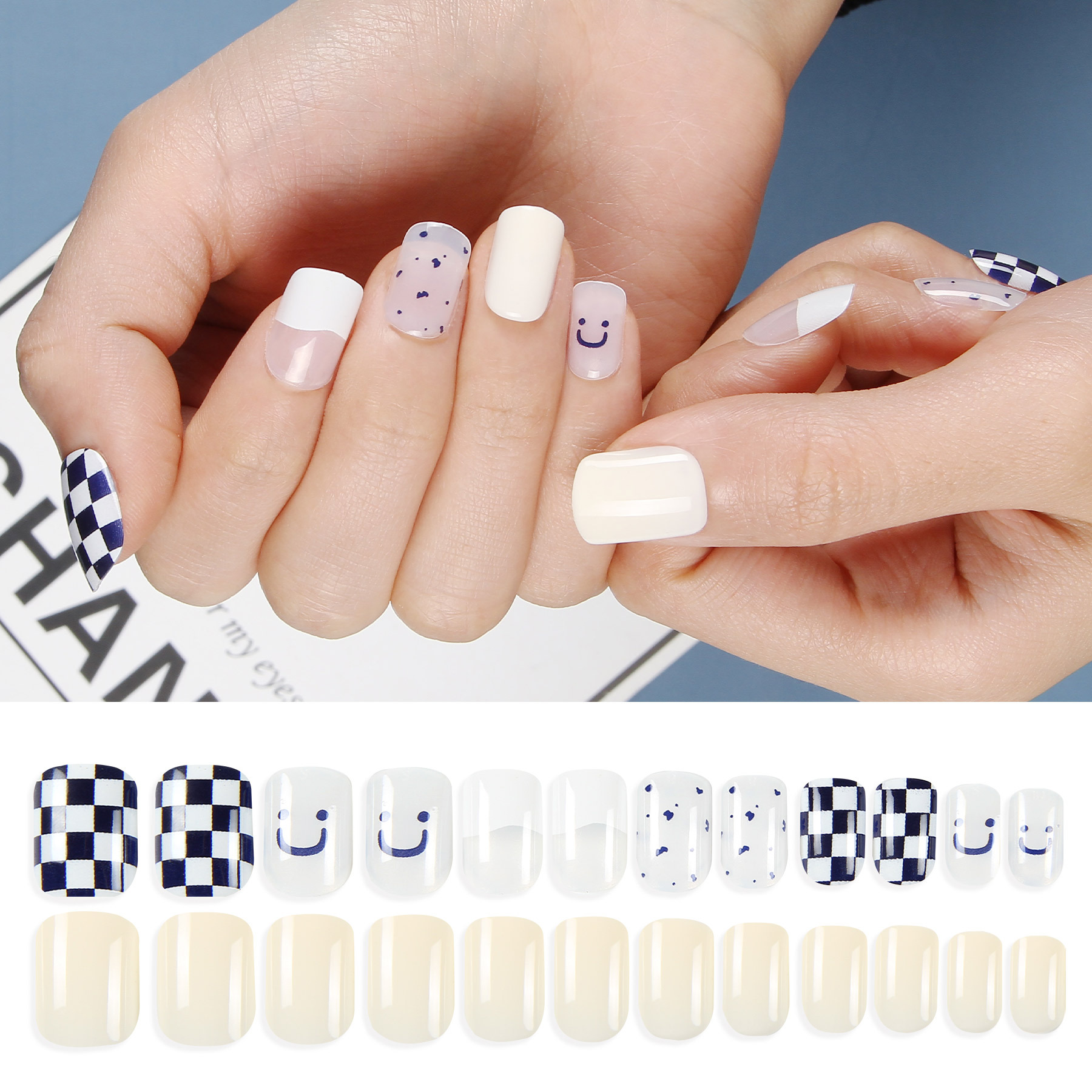 Customized Joyme24 Piece Wear Nail Cartoon Nail Sticker Short Square Head Soft Nail Smiley Face Chessboard Grid Fake Nails