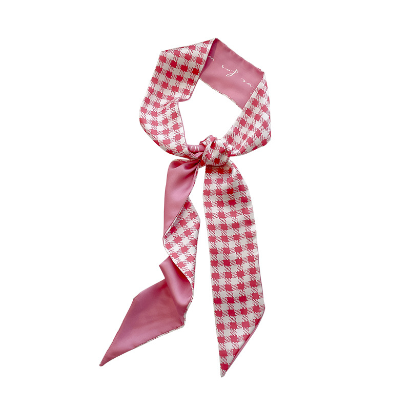 Korean Spring and Summer Pink Diamond Plaid Thin Narrow Double-Sided Satin Ribbon Silk Scarf Women's Long Arm Bag Hair Band