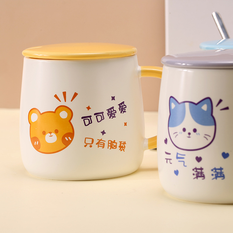 Cartoon Girlish Ceramic Cup Creative Text Mug Trend Student Large Capacity Cup with Cover with Spoon