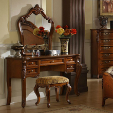 2I美式实木梳妆台复古化妆桌卧室书桌收纳柜一体欧式小户型雕花家