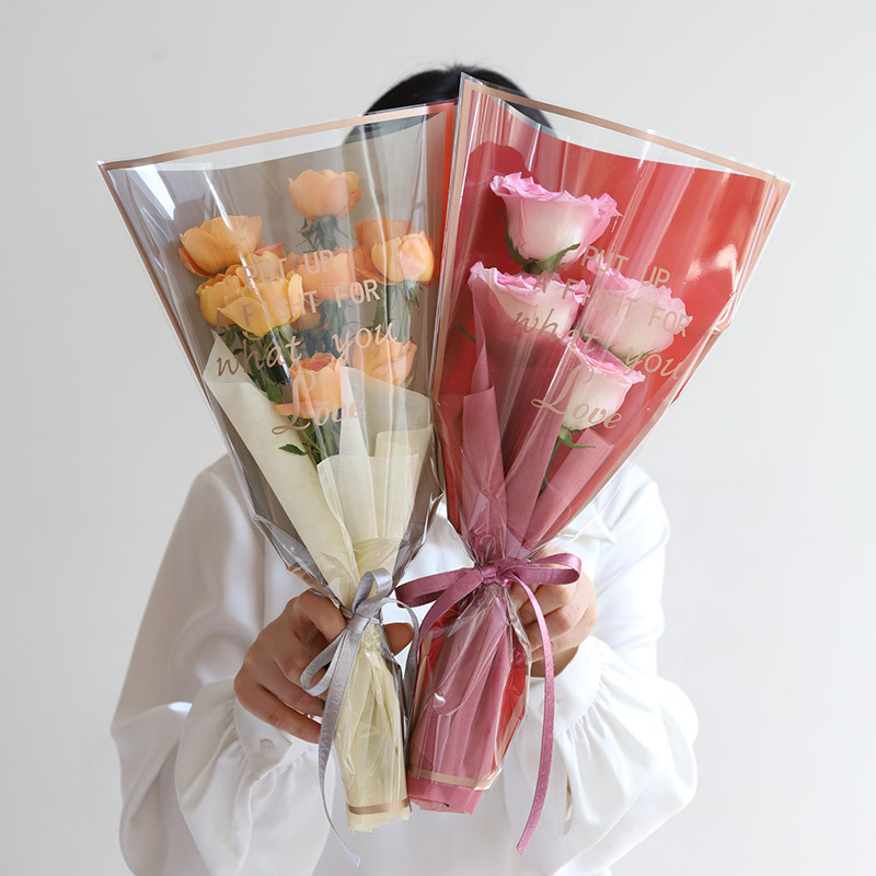 Simple Frame Golden Edge Multi-Bag Transparent Flowers Packaging Printing Waterproof Bouquet Packaging Goddess Festival Single Bouquet Packaging