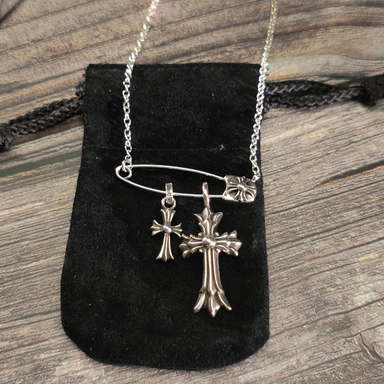 克罗伈925银十字架别针项链欧美做旧朋克嘻哈潮流个性男女吊坠