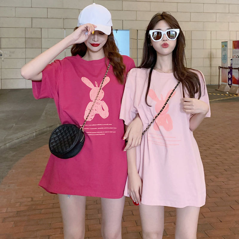 Summer Mid-Length Loose Girlfriends Clothes Bottoming Shirt Women's Cartoon Ins round Neck Large Size Short Sleeve T-shirt Women