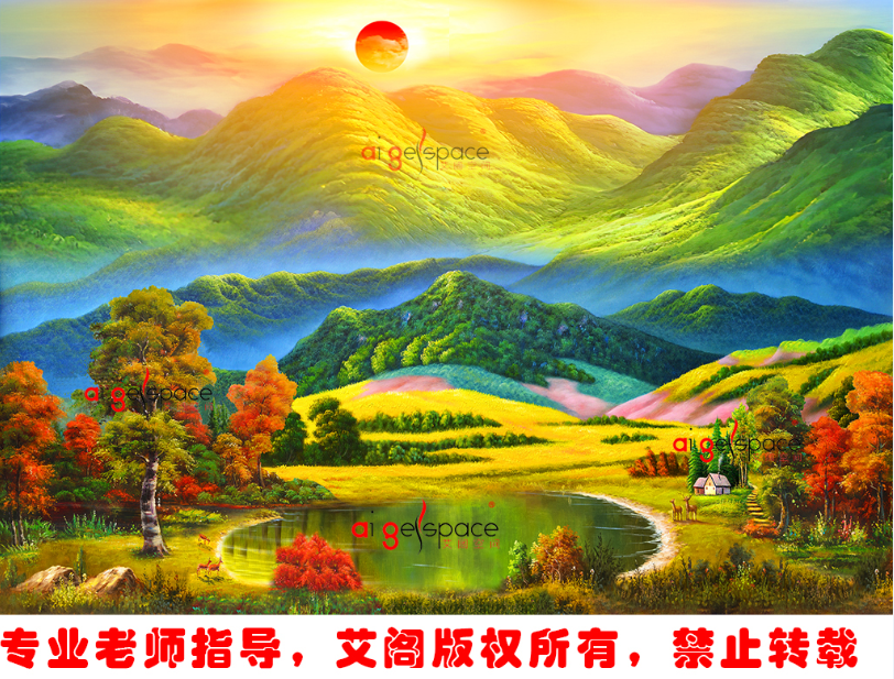 FJ1006装饰高清油画8D山水风景日出湖泊背有靠山客厅沙发背景壁画