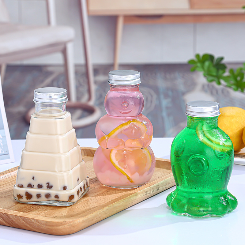 现货销售300ml异形玻璃牛奶奶茶果汁果醋果茶瓶