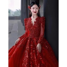 红色婚纱2023新款新娘小个子长袖V领高级感主纱重工拖尾冬季