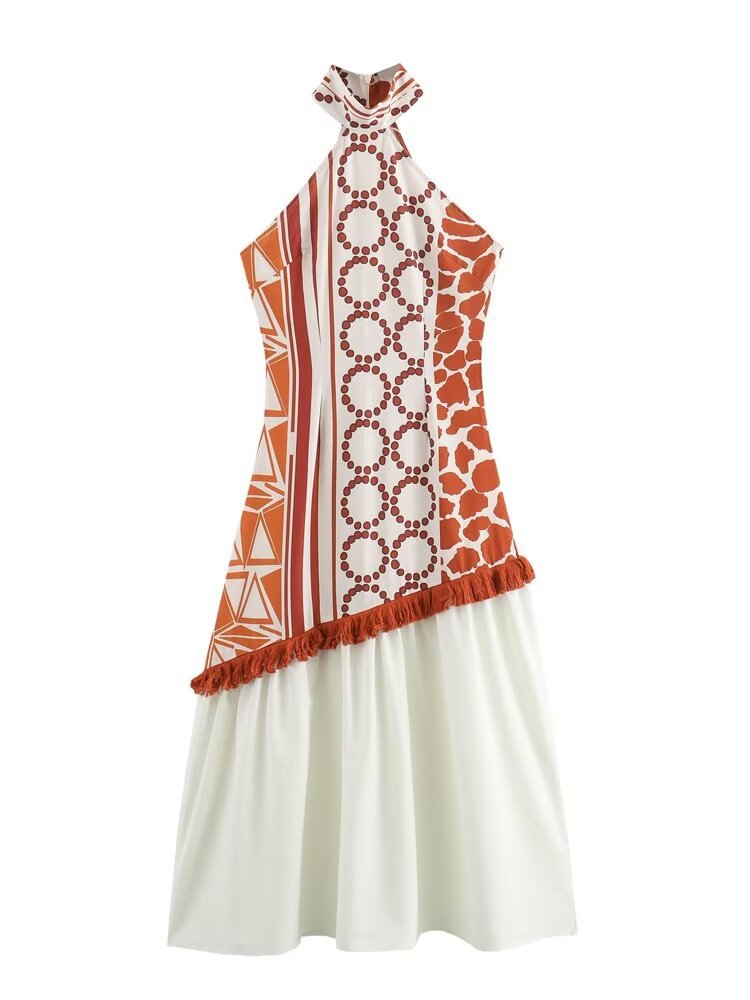 欧美外贸批2024夏季新款女装气质时尚百搭拼接流苏连衣裙a1-10709