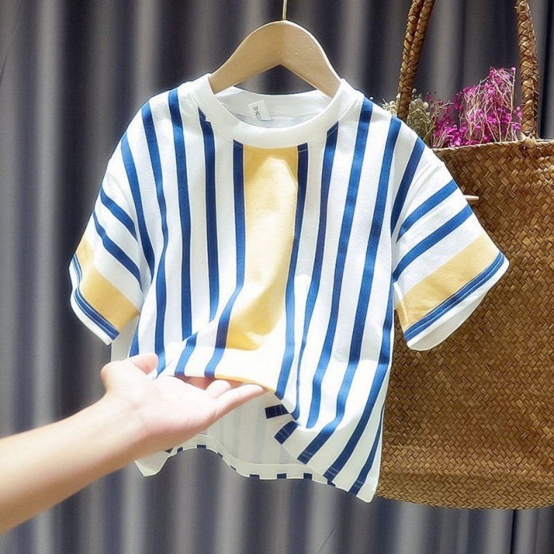 男童短袖t恤夏装2022新款儿童韩版全棉条纹半袖上衣宝宝帅气衣服
