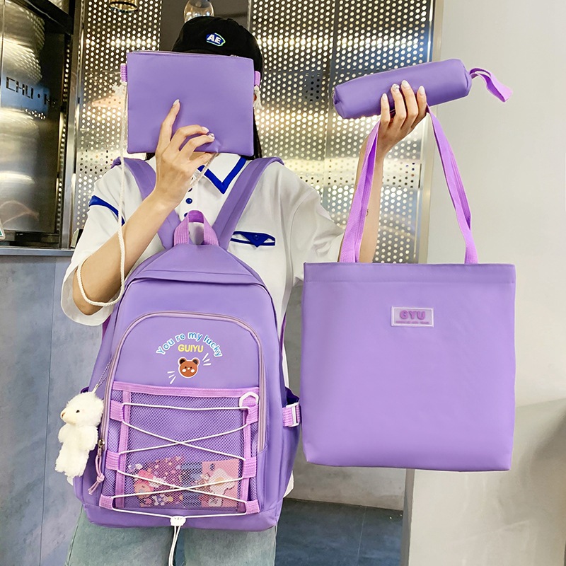 Factory Wholesale Girl Backpack Cartoon Bear Schoolbag for Primary School Students Make-up Bag Four-Piece Set Junior Backpack