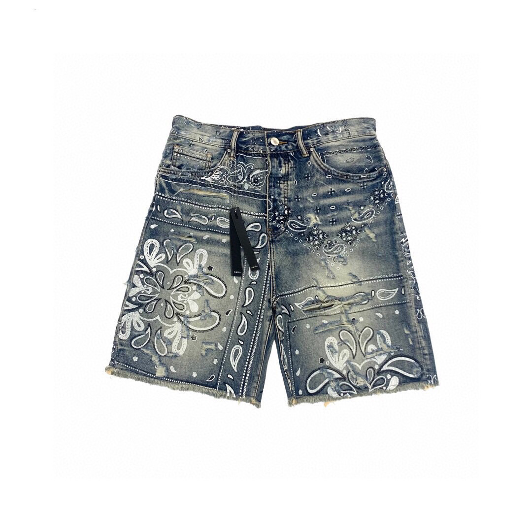 amiamiri风格高街slp复古涂鸦腰果花印花 水洗做旧大破坏牛仔短裤