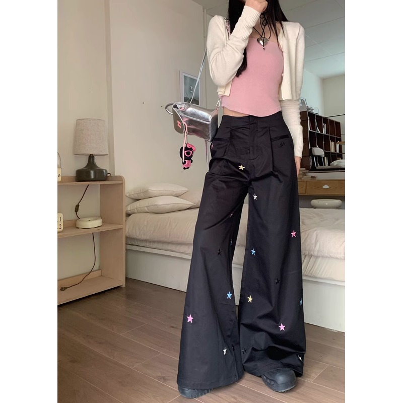 星星刺绣显瘦阔腿休闲裤女小众设计潮流工装长裤