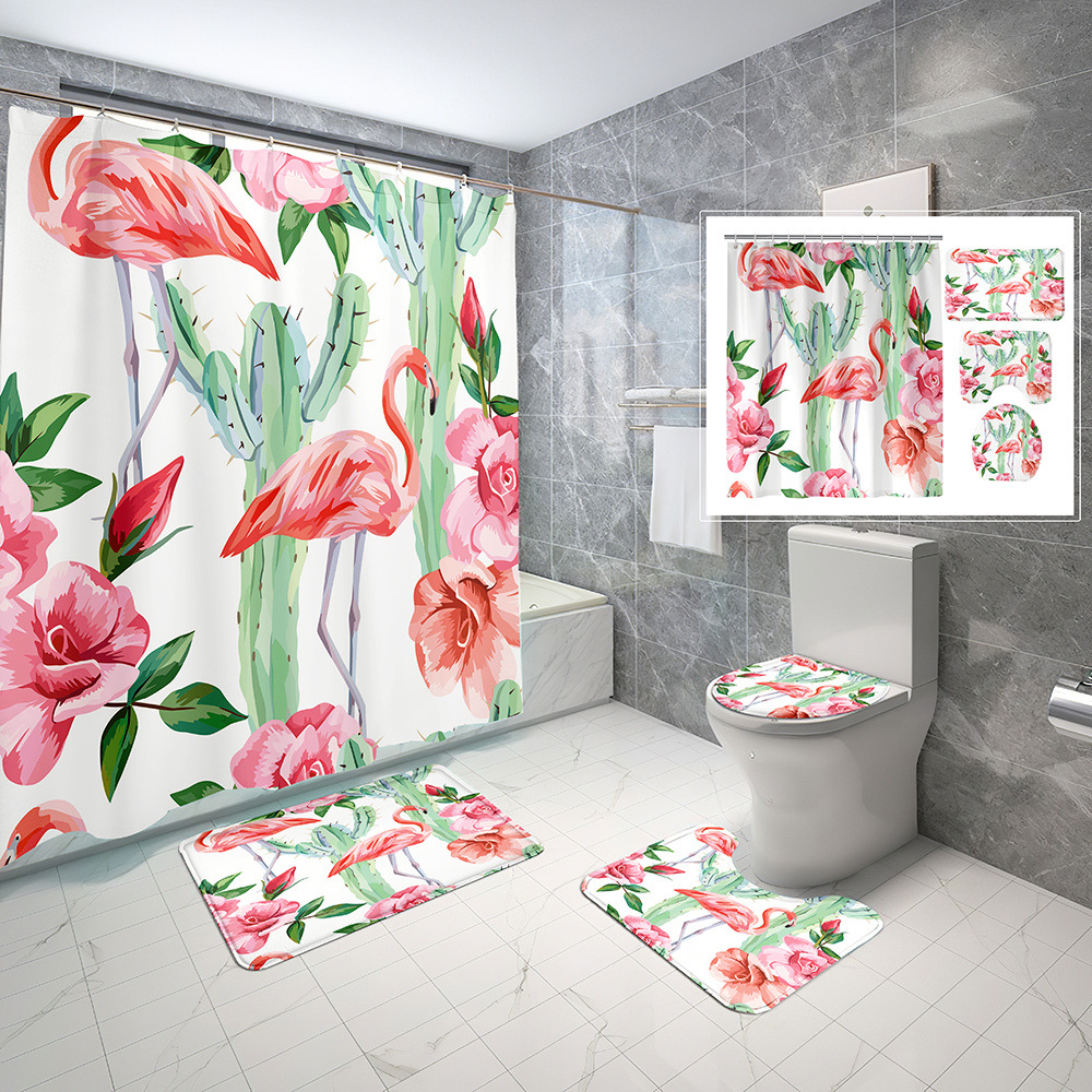 Digital Printing Flamingo Shower Curtain Four-Piece Red Aiqingniao Toilet Lid Set Non-Slip Toilet Floor Mat