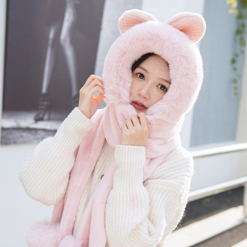 New Thickened Bear Hat Women's Winter Scarf Three-Piece Set Plush Cute Warm Scarf One-Piece Hooded Gloves