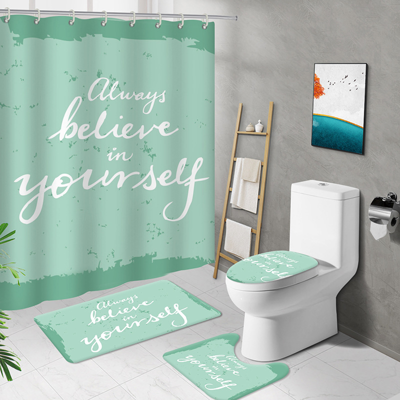 AliExpress Text Printing Bathroom Curtain Polyester Waterproof English Letter Printing Shower Curtain Four-Piece Partition Curtain Floor Mat