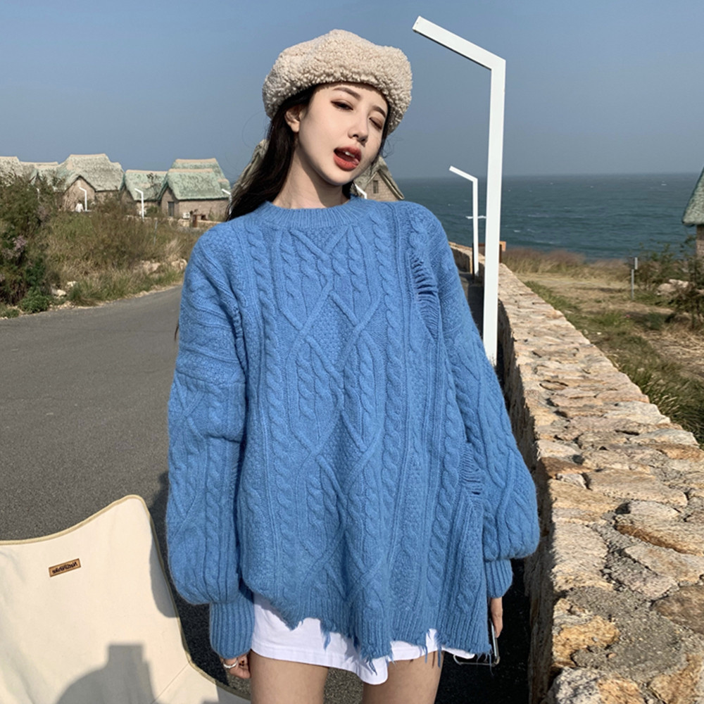 蓝色麻花毛衣女秋冬2021年新复古宽松外穿日系慵懒风破洞针织衫潮