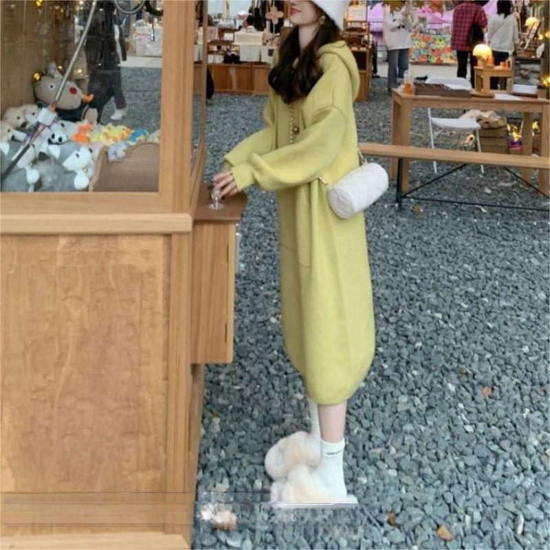 中长款连帽卫衣裙女秋冬2023新款韩版宽松针织衫女毛衣内搭连衣裙
