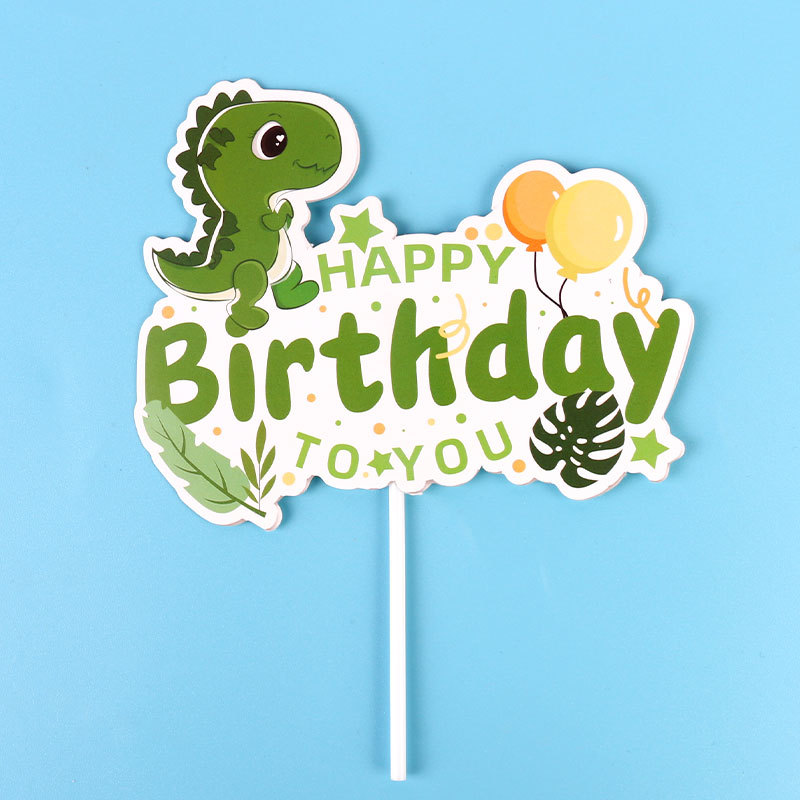 happy birthday恐龙生日蛋糕装饰插牌儿童绿色卡通龙甜品台烘焙用