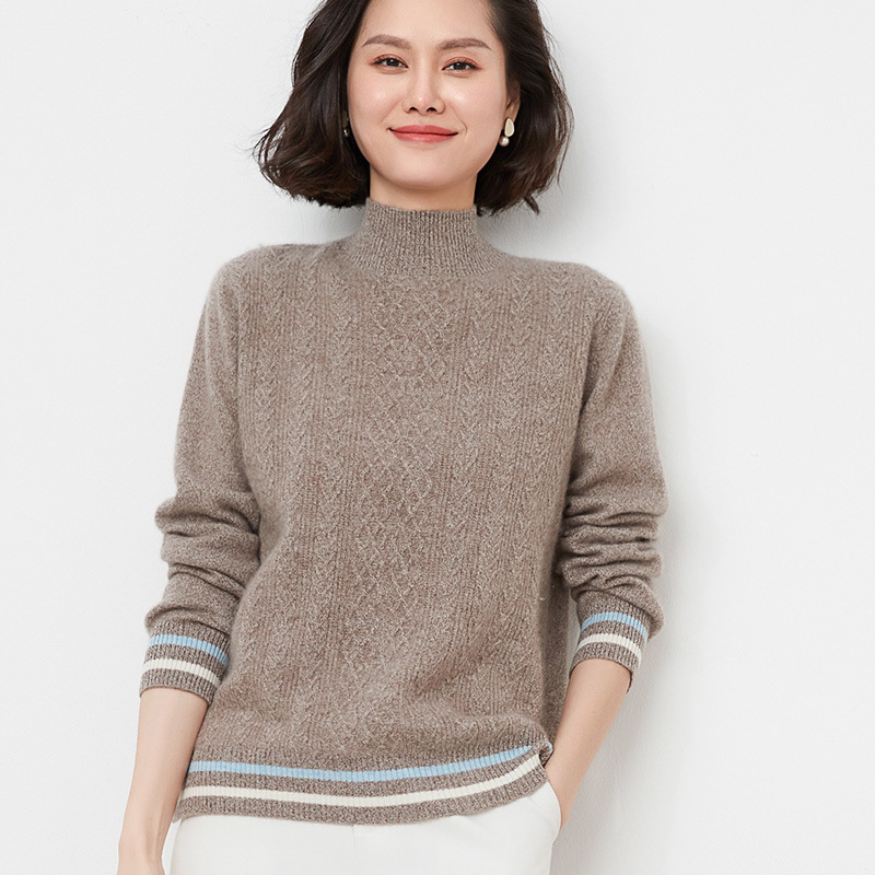 秋冬100%纯羊毛衫女秋冬春竹新款半高领提花彩袖修身套头毛衣针织