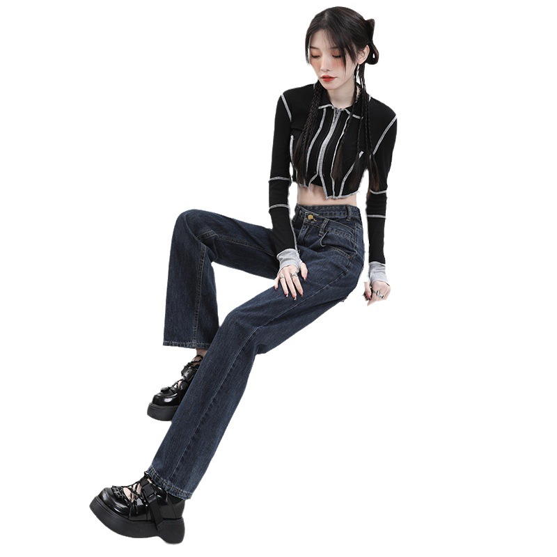 Autumn New Wide Leg Jeans Women's Loose High Waist Narrow Straight Cross Pants Loose Straight Mop Pants